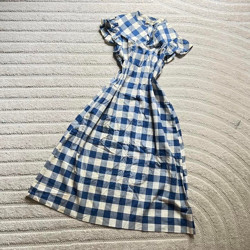 VTG 70s Evelyn de Jonge Blue Gingham Checked Dress size 12 Cottage Coquette
